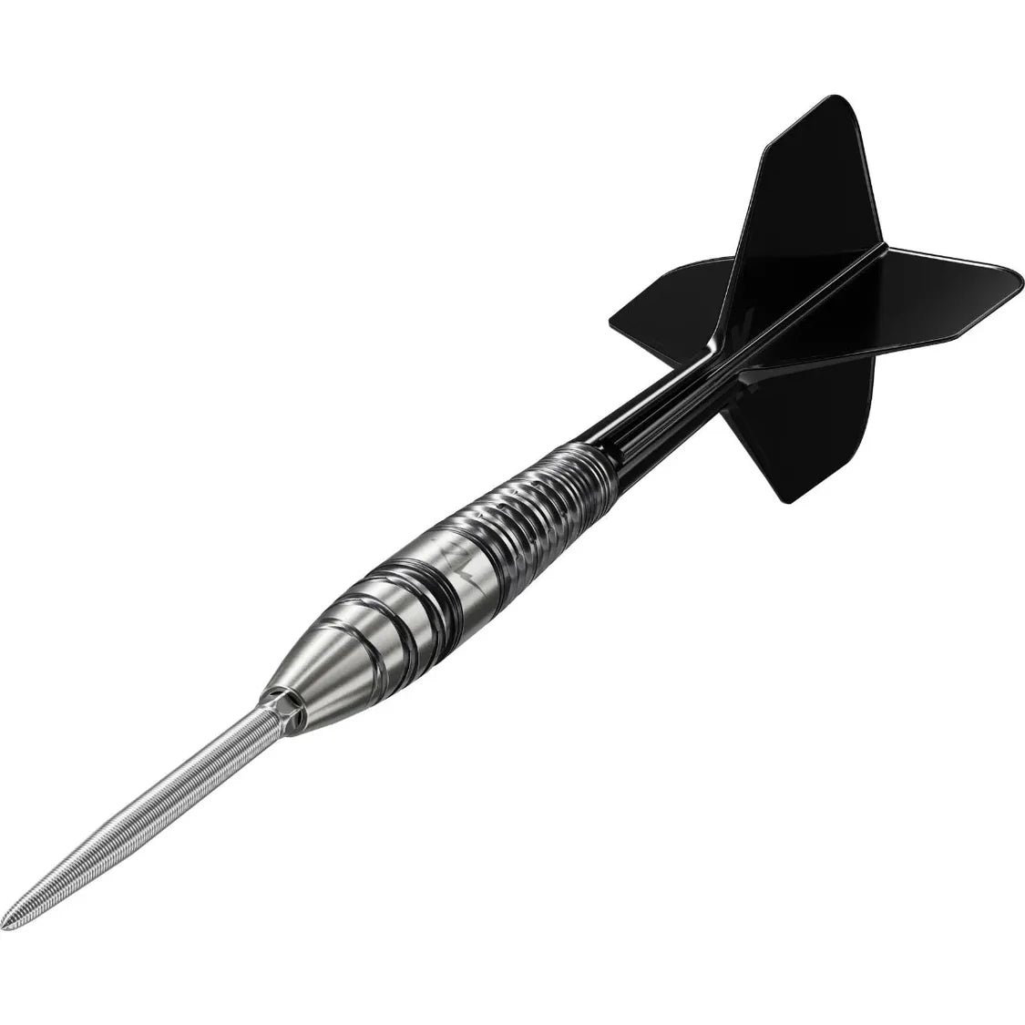 Angled view tungsten dart with detailed barrel grip, black flight, and steel tip, isolated on white, dart equipment for precision throwing