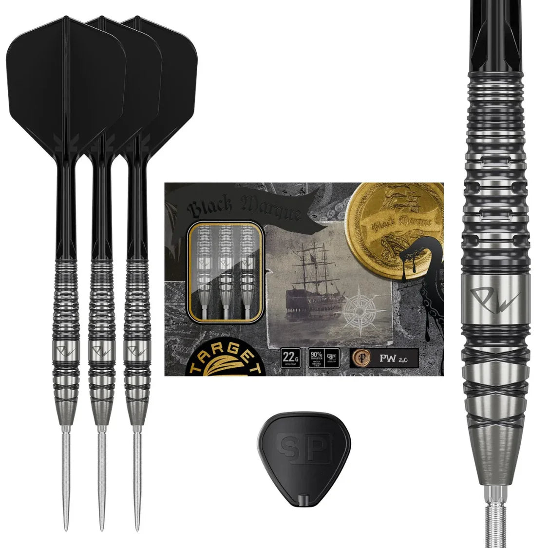 Set of three 90% tungsten darts with black flights, detailed barrel grip close-up, box packaging, and extra flight shown on white background