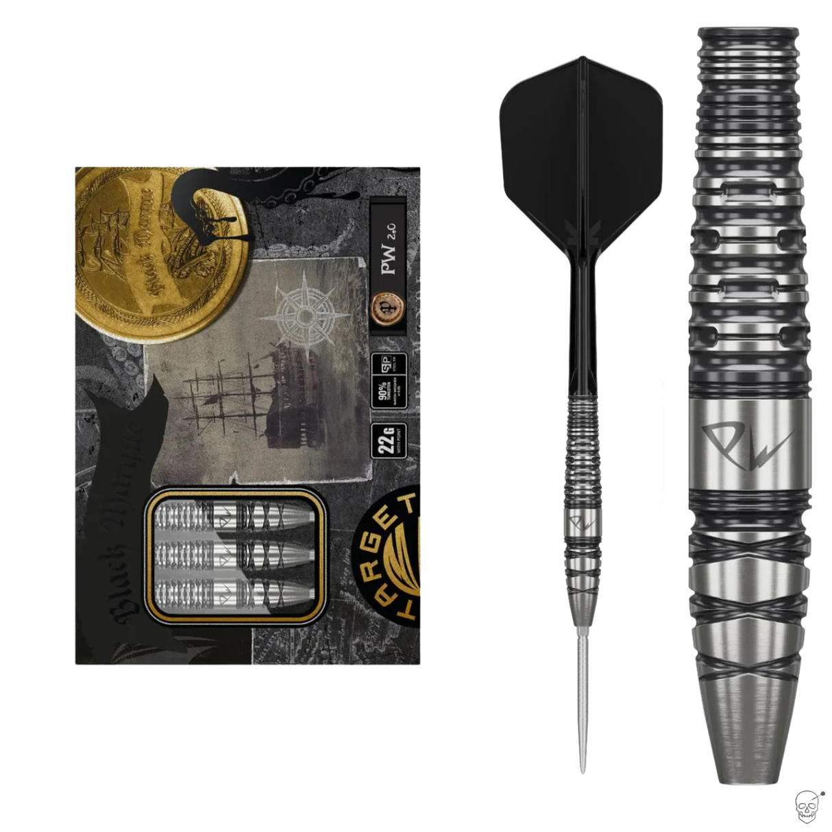 Pro tungsten darts in retail box next to isolated dart and zoomed grip barrel, showing ringed texture and engraved PW logo