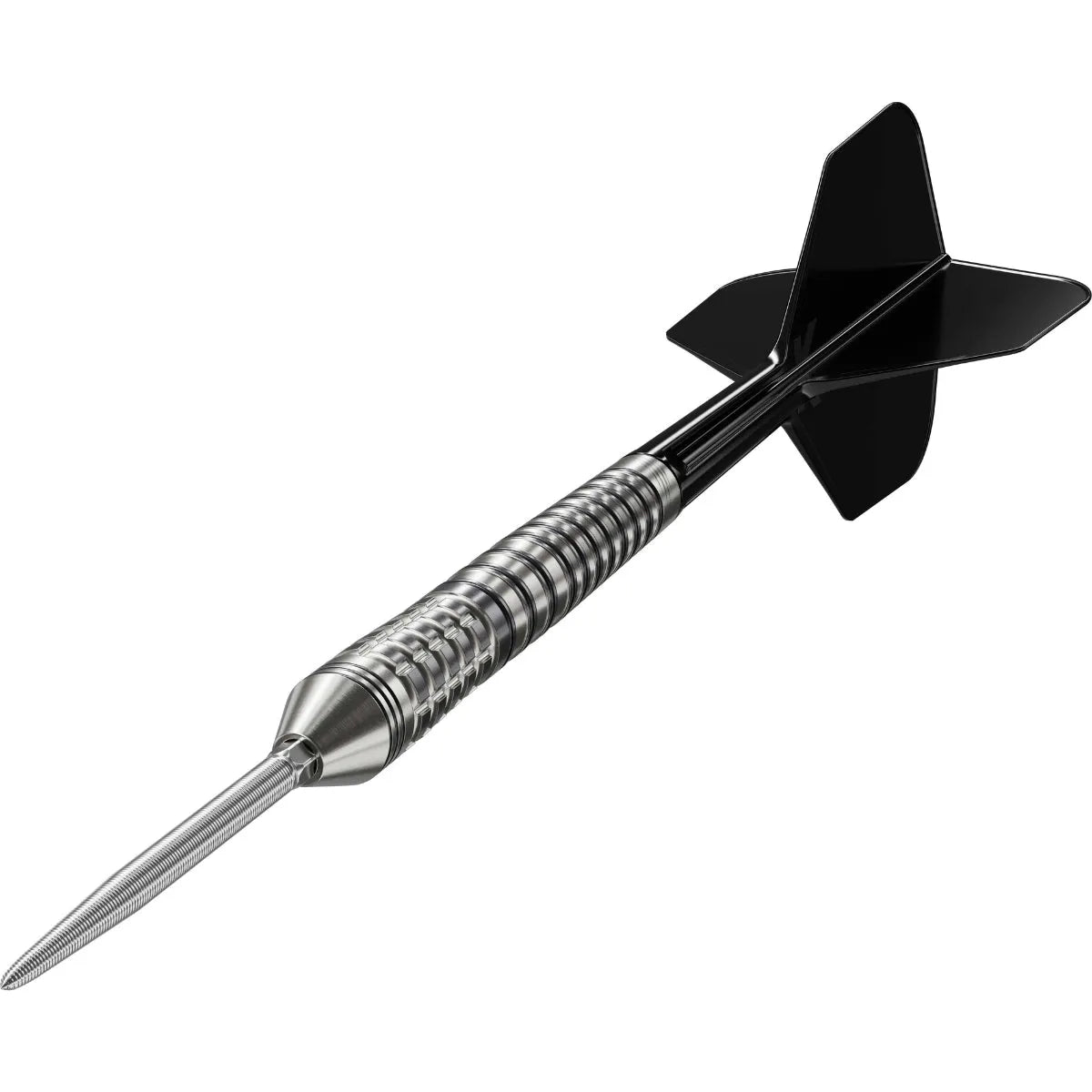 Angled view of single tungsten dart with precision ringed barrel grip, steel tip, and black dart flight on white background