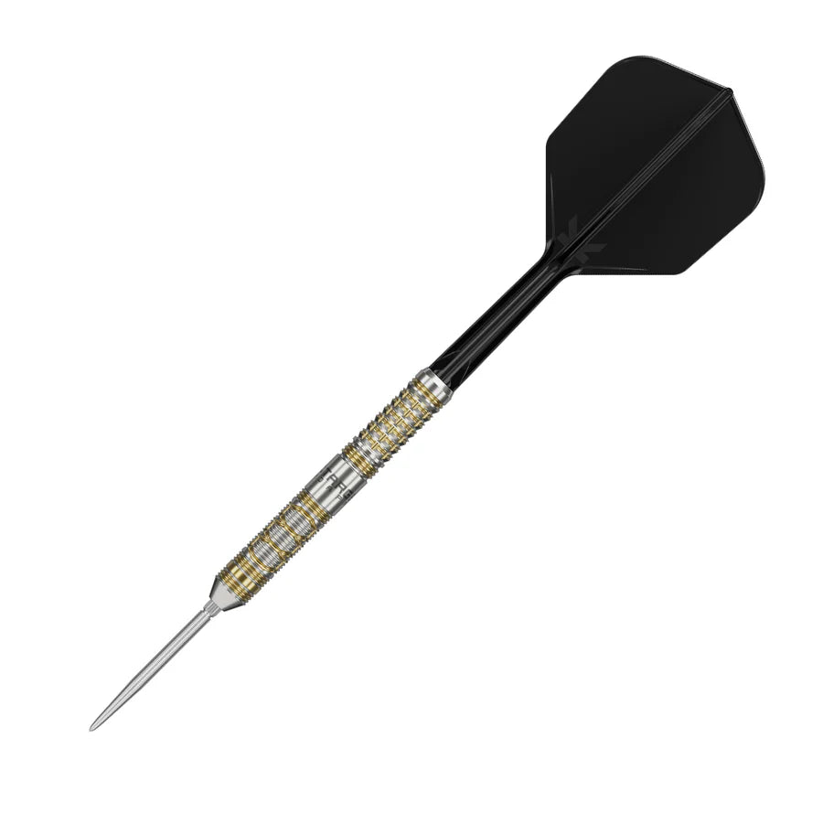Single tungsten steel tip dart angled on white background, highlighting precision barrel grip, metallic rings, and black dart flight