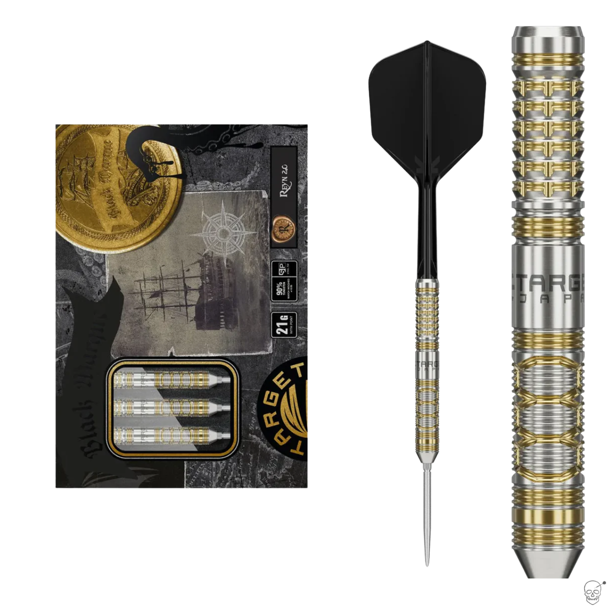 Full view of 90% tungsten steel tip darts set with retail box, showing gold-silver grooved barrel grip and black flight