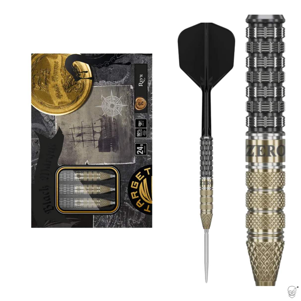 Tungsten steel tip darts set in packaging with close-up of barrel grip, knurled texture, and full dart profile on white background