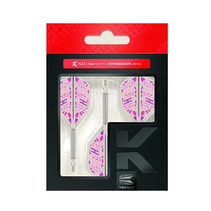 Full packaging of K-Flex No.6 shape dart flights and shafts with clear stems and pink pattern, isolated on white background
