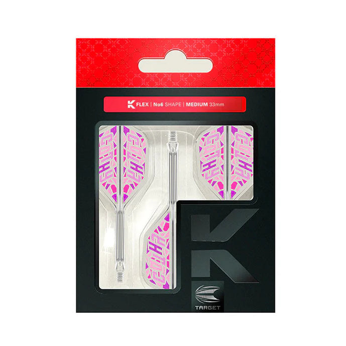 No.6 shape medium dart flights with clear shafts and pink geometric design in retail packaging, full product view