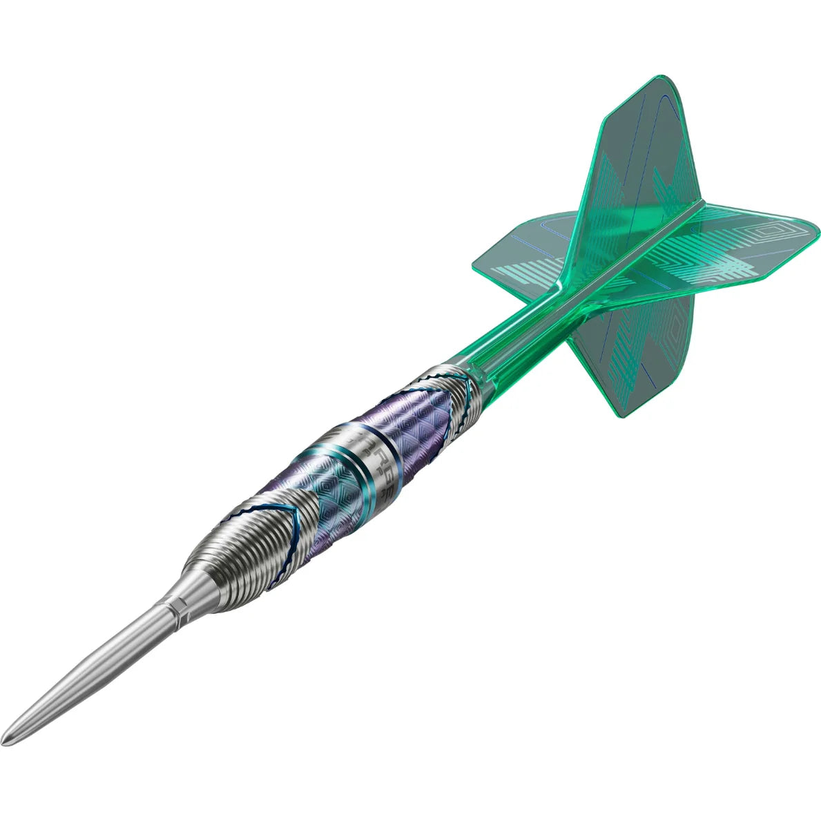 Angled close-up of 90% tungsten dart with textured barrel grip and green flight, isolated on white background