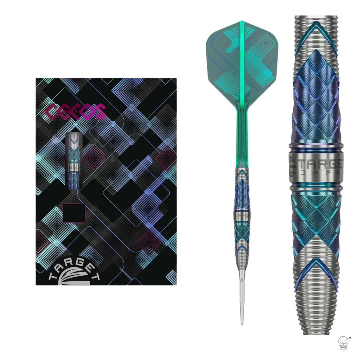 Full view of 90% tungsten dart with macro close-up on grip texture and retail packaging, showcasing fine barrel detailing for dart players
