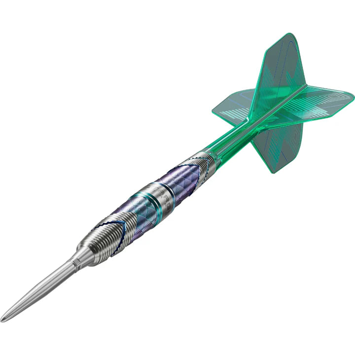 Angled view tungsten dart with textured grip barrel and green flights, full product isolated on white background