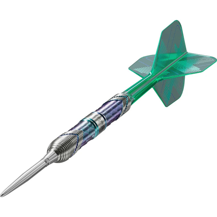 Angled view tungsten dart with textured grip, silver point, and translucent green flight, isolated on white background