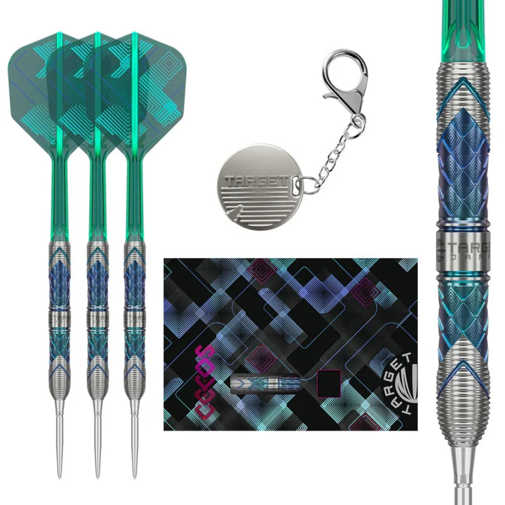 Tungsten darts set with three assembled darts, textured grip barrel close-up, keychain, and geometric flights card on white background