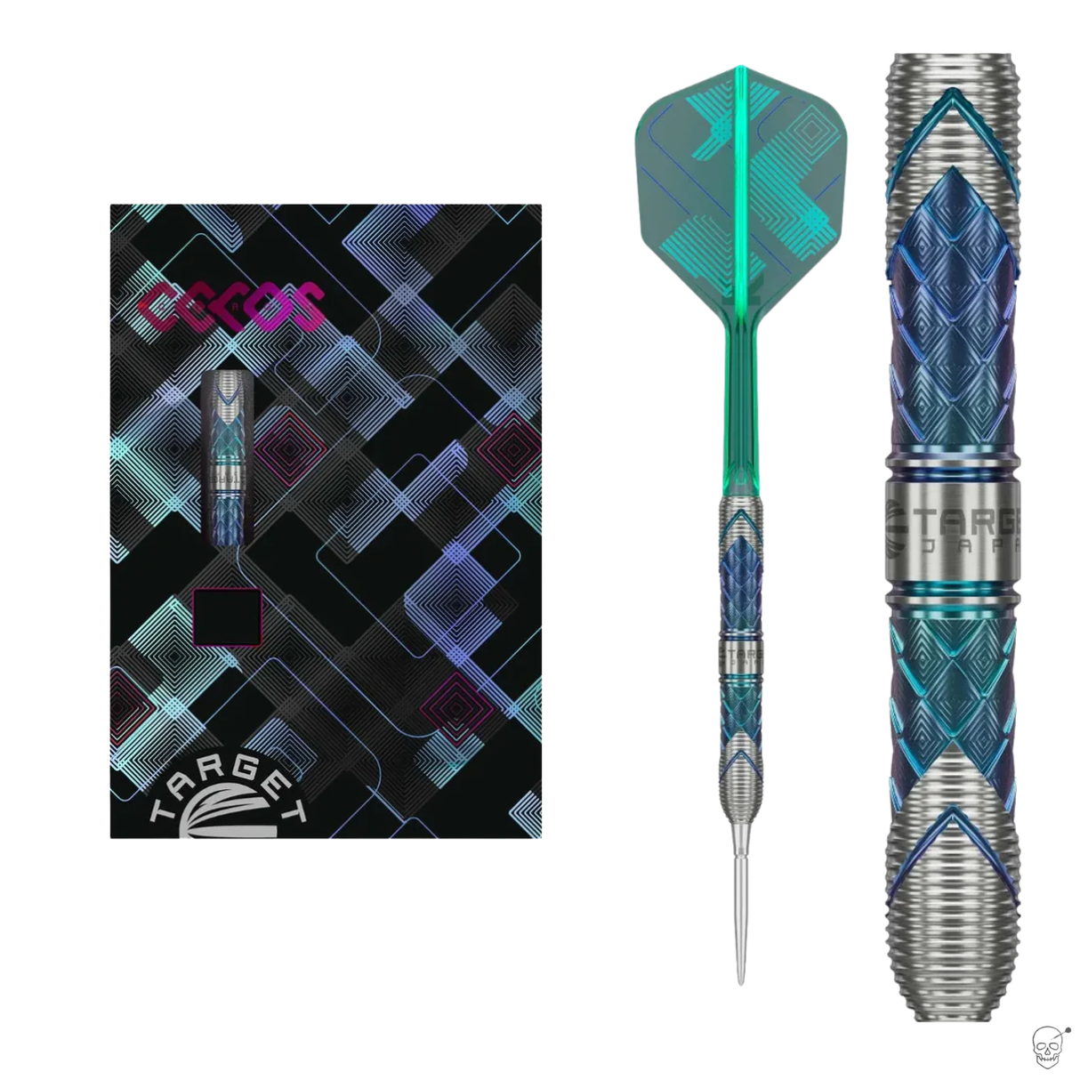 Ceros 03 90% tungsten dart with teal geometric flights, detailed knurled barrel close-up, and retail packaging on white background