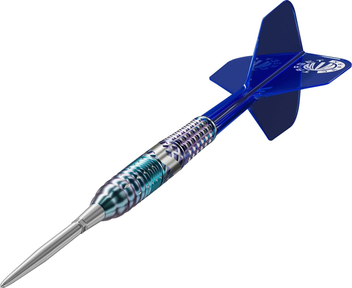 Angled view of a 90% tungsten steel tip dart with detailed grip texture and blue flight, isolated on white background