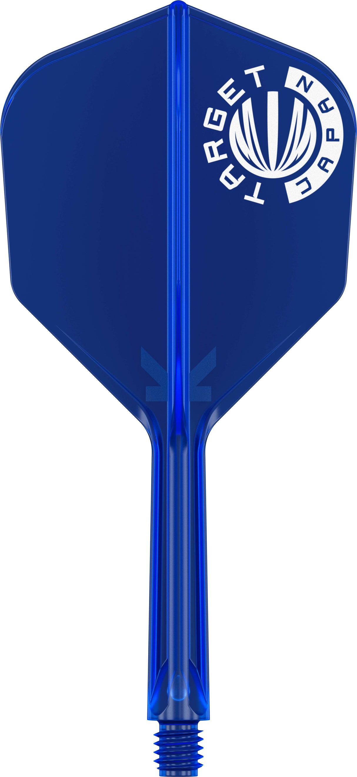 Blue dart flight and shaft with Target Japan logo, full product view, isolated on white, highlighting molded design for steel tip darts.