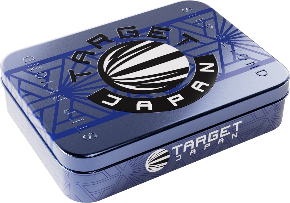 Angled view of Charis Cathey Leung G5 tungsten darts storage tin, embossed logo, blue geometric pattern, product packaging