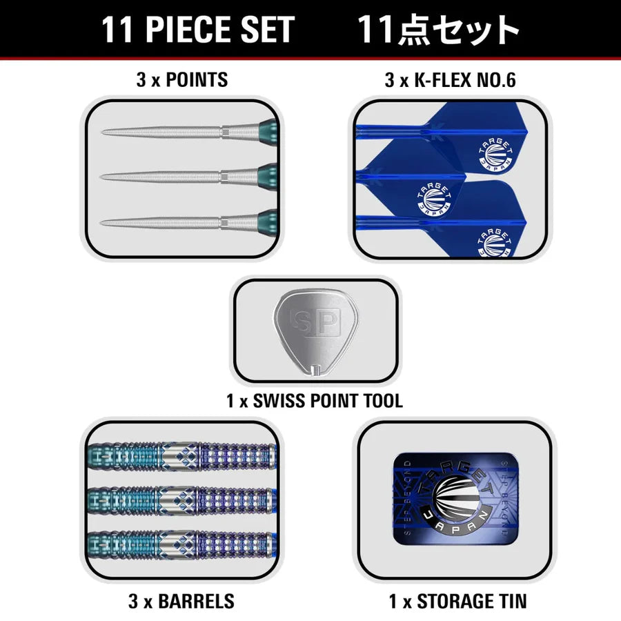 Top-down view of dart set components including 3 tungsten barrels, 3 steel points, 3 blue flights, Swiss point tool, and storage tin.