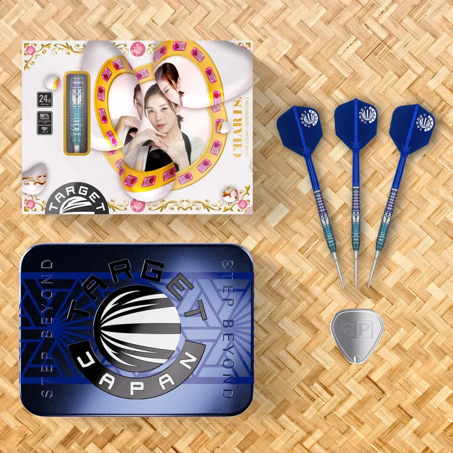 Top-down view of Charis Cathey Leung G5 dart set with retail box, blue Japan storage tin, three 90% tungsten darts, and SP flights tool