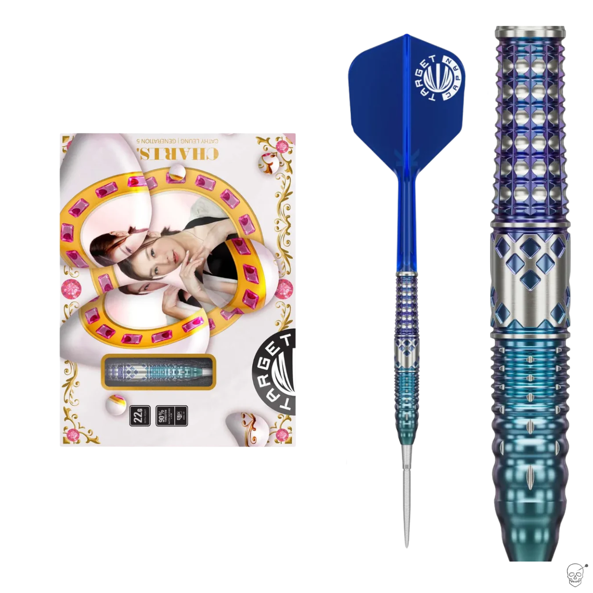 Steel tip tungsten dart full view, close-up of engineered barrel grip, and decorative packaging on white background
