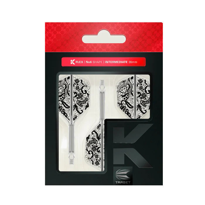 No.6 shape dart flights and shafts combo in retail packaging, black and white intricate design, full product view for dart accessories