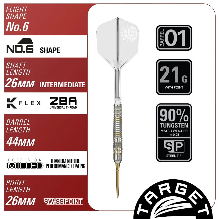 Full length view of 90% tungsten steel tip dart with spec highlights, showing milled grip, No.6 flight, 21g weight, precision barrel.