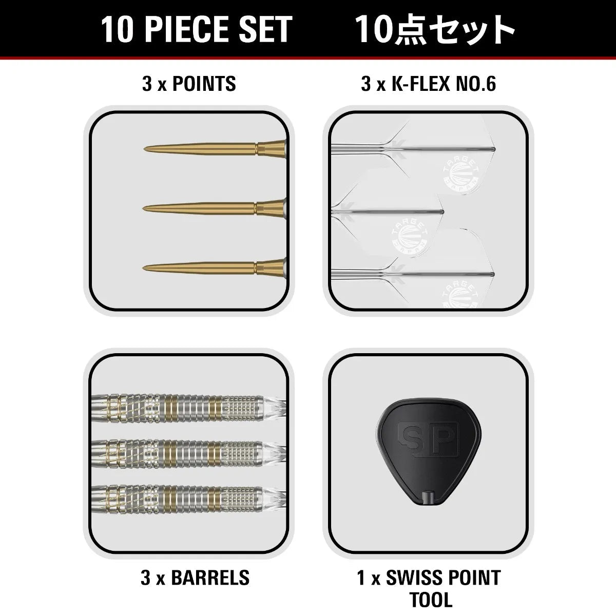 Top-down view of Raptor G5 darts set showing three steel points, three K-Flex No.6 flights, three 90% tungsten dart barrels, and Swiss Point tool