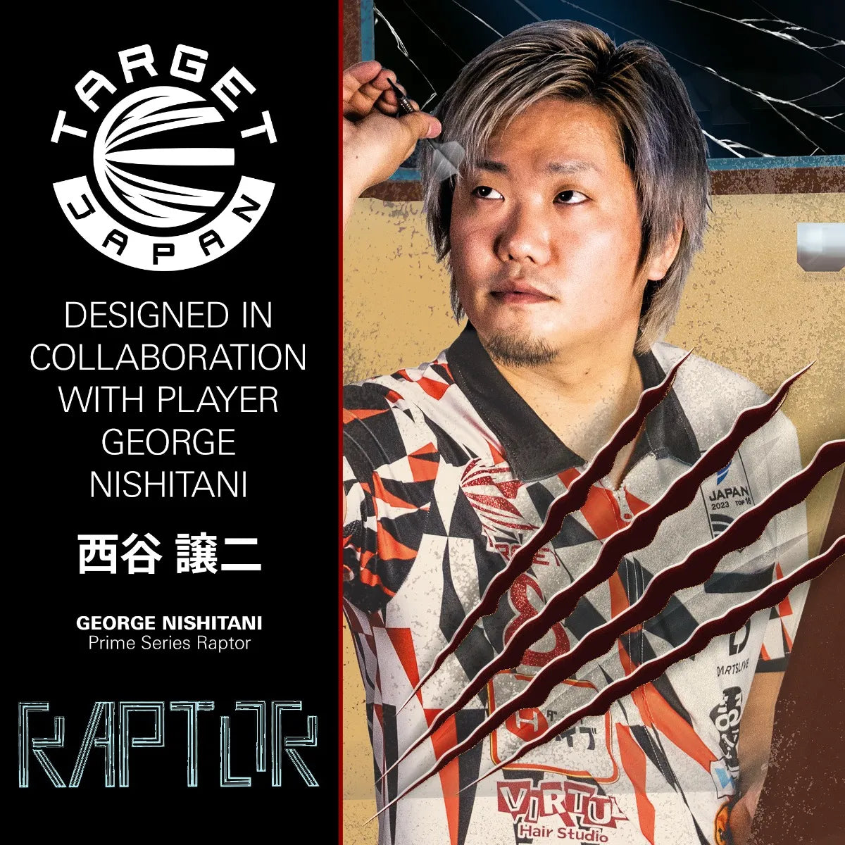 Lifestyle shot of George Nishitani holding a dart, with Raptor G5 darts branding and claw mark graphics, targeted at dart equipment buyers