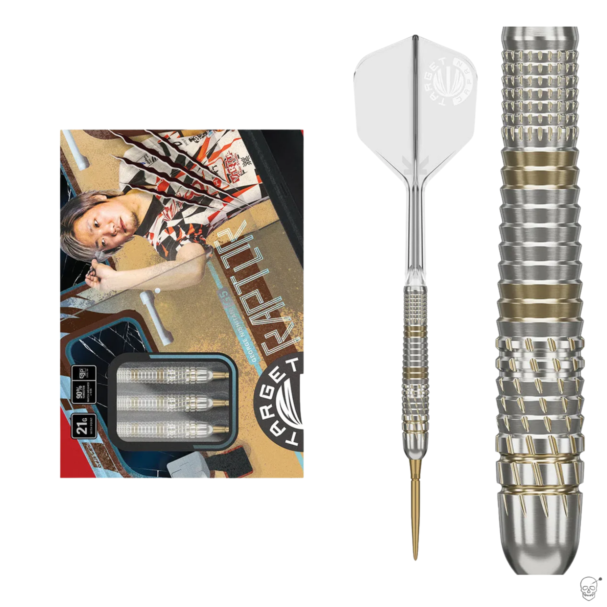 Steel tip tungsten darts set 90% in retail packaging with close-up of knurled grip and gold ringed barrel design