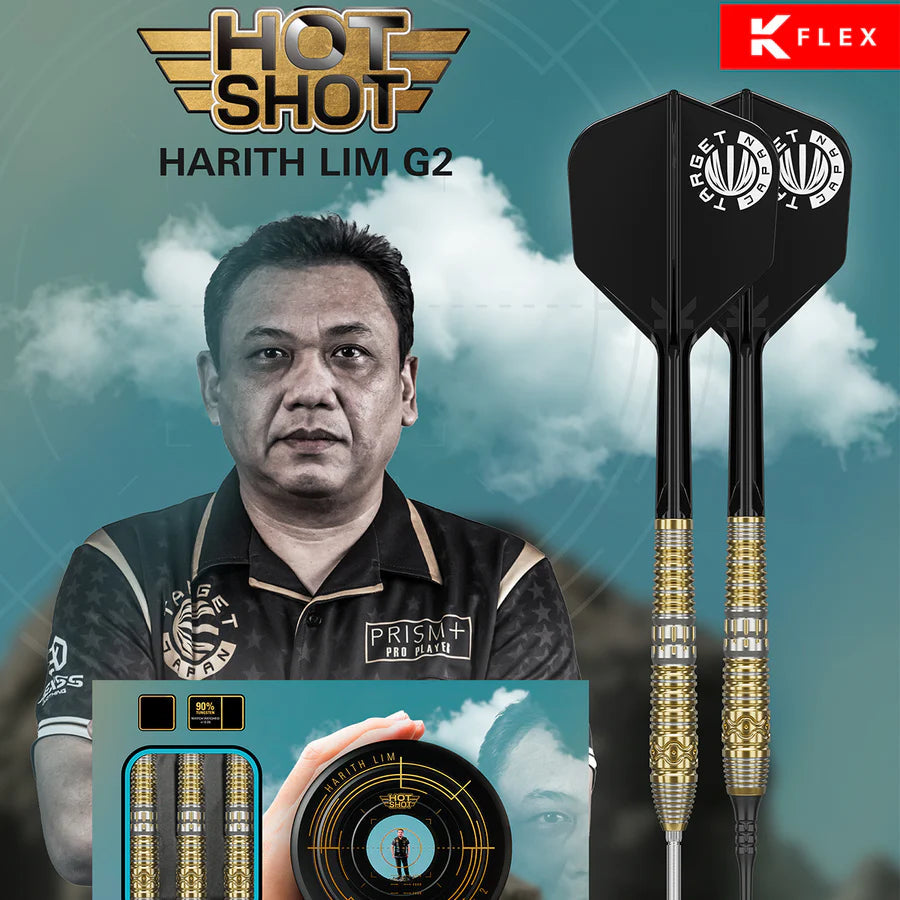 Angled shot of Harith Lim Hot Shot G2 tungsten darts with knurled barrels, black flights, and packaging display for steel tip dart set