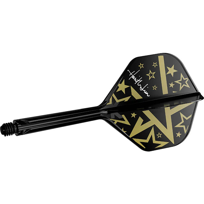 Angled close-up of dart shaft and No.2 flight, black with gold star design and Harith Lim signature, isolated on white background