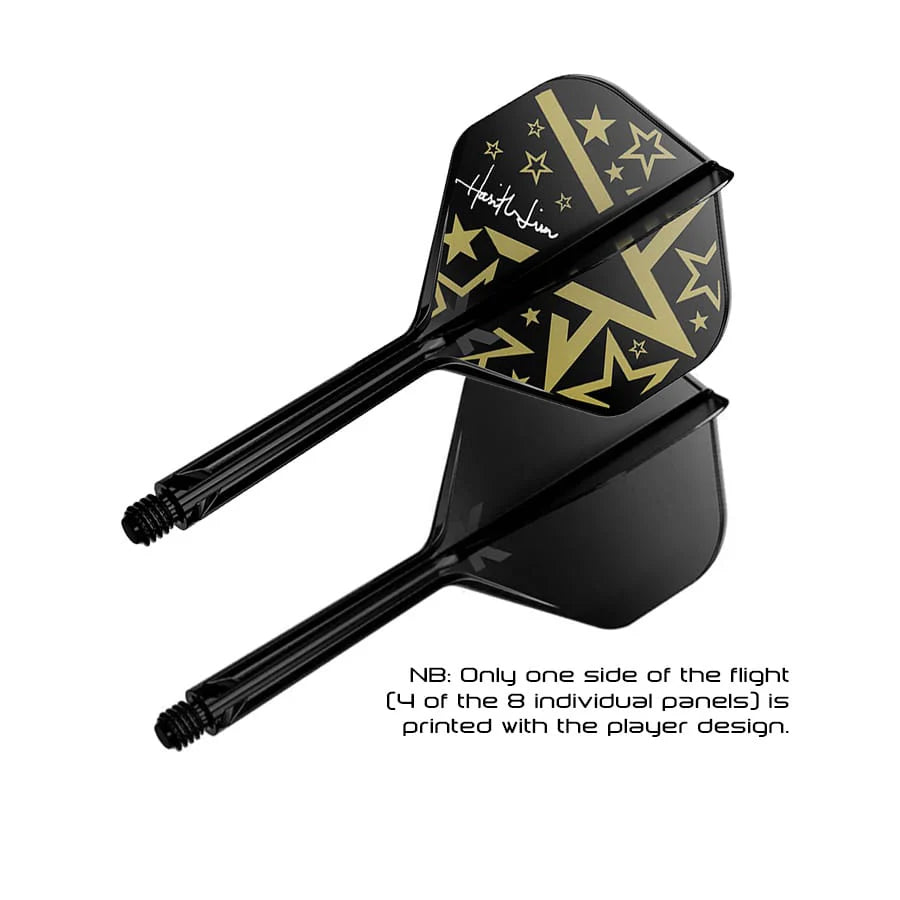 Angled close-up of two K-Flex No.2 dart flights with gold star design and player signature, shown assembled on shafts, isolated on white.