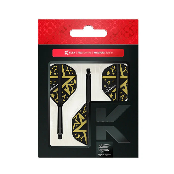 Retail pack showing three No.2 dart flights and shafts with black and gold star design, top-down view, ideal for dart setup buyers