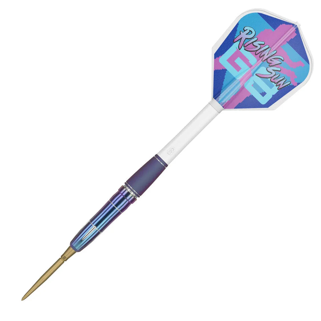 Single Rising Sun G8 tungsten dart full view on white background with smooth grip barrel and vibrant blue-purple flight