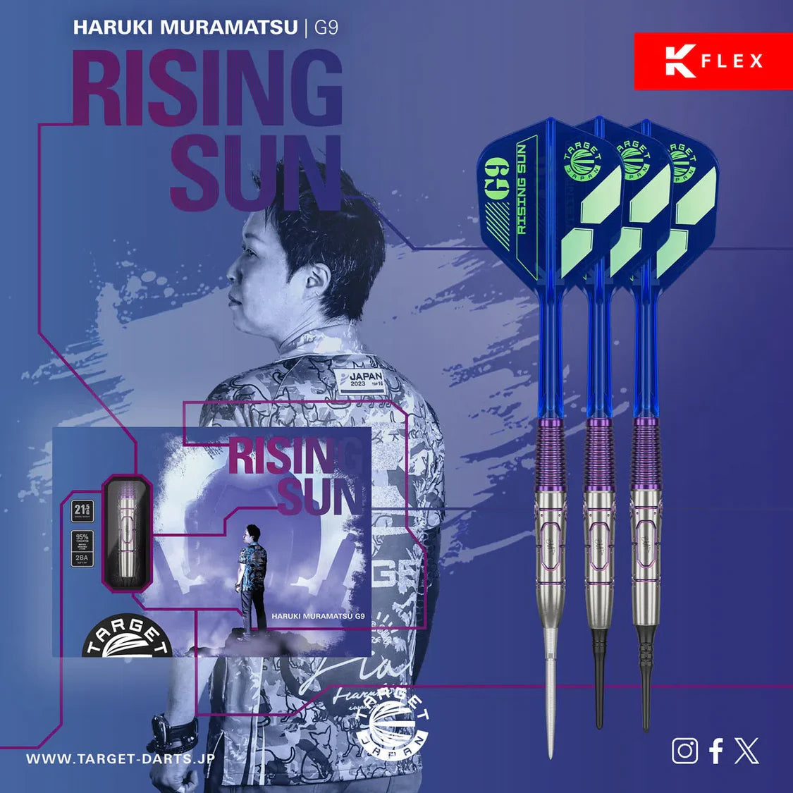 Full product view of three 95% tungsten darts with detailed barrel grip, blue flights, and packaging shown for Haruki Muramatsu Rising Sun G9.