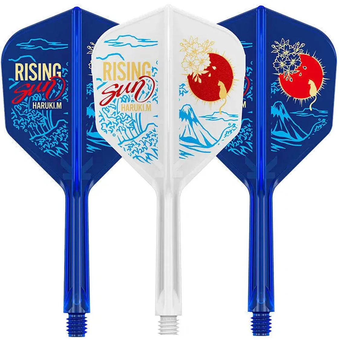 Three No.6 dart flights with K-Flex integrated shafts, Rising Sun Japan design, blue and white, full front view on white background