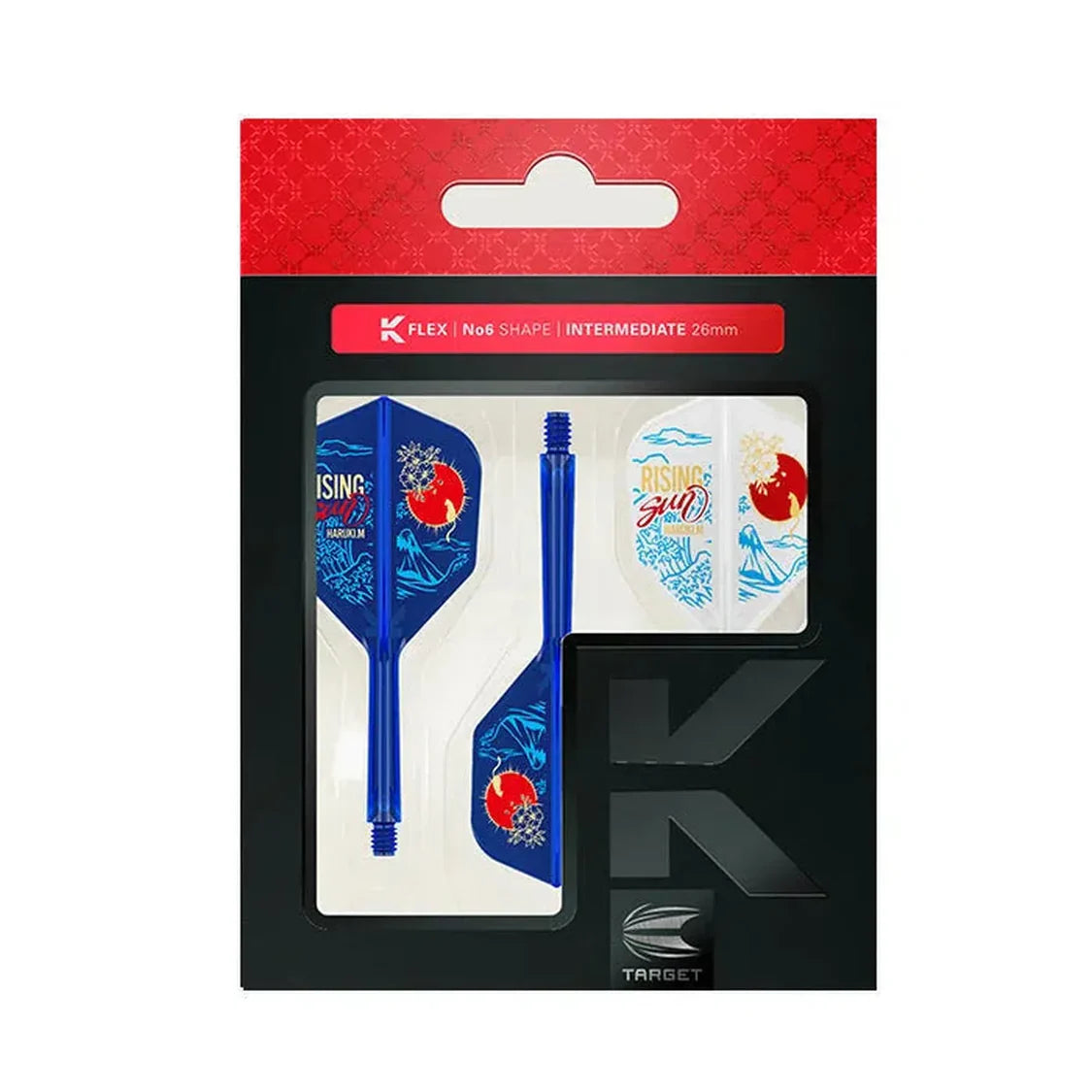 No.6 shape Rising Sun K-Flex dart flights and blue stems in retail packaging, vibrant red and blue design, isolated on white