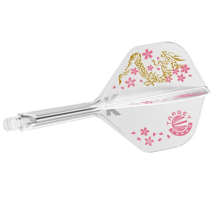 Clear dart flight-shaft combo angled view with gold dragon and pink cherry blossom design, isolated on white background