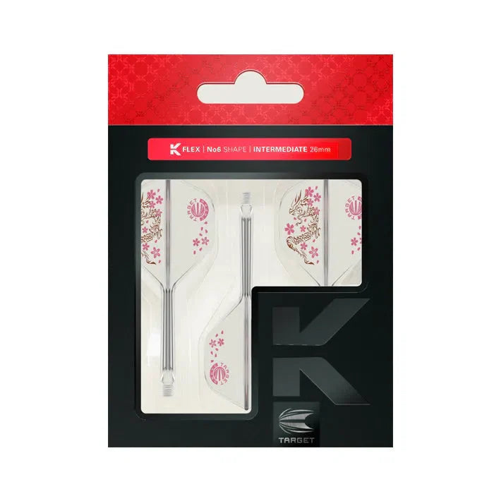 Retail-packaged dart flights and shafts set with floral dragon design, No.2 shape, clear view of three components for dart equipment