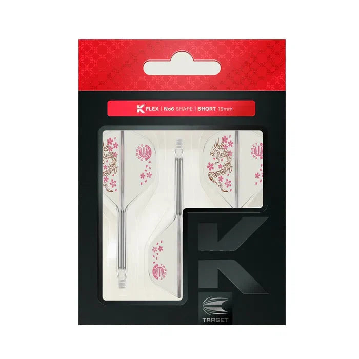Packaged K-Flex No.2 short dart flights with cherry blossom and dragon design, three-piece set, clear shafts displayed front-facing