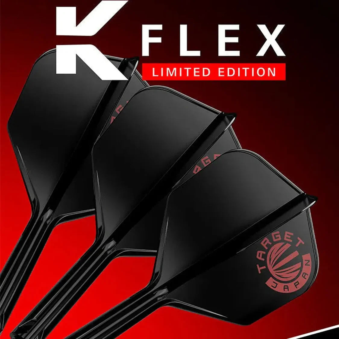 Angled close-up of three black dart flights with red Target Japan logo, limited edition K-Flex design, isolated on gradient background