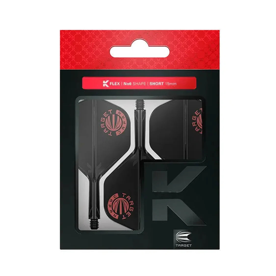 Black No.2 K-Flex dart flights with red logo in clear retail packaging, full set shown front-facing for dart accessory buyers