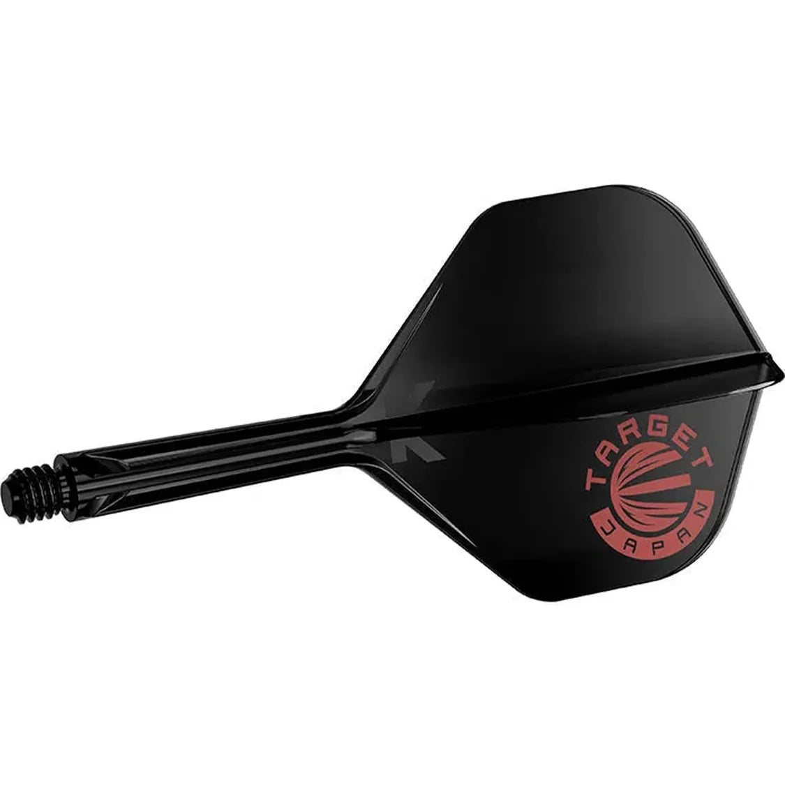 Black dart flight and shaft angled view with red Target Japan logo, isolated on white, highlighting integrated design for dart equipment.