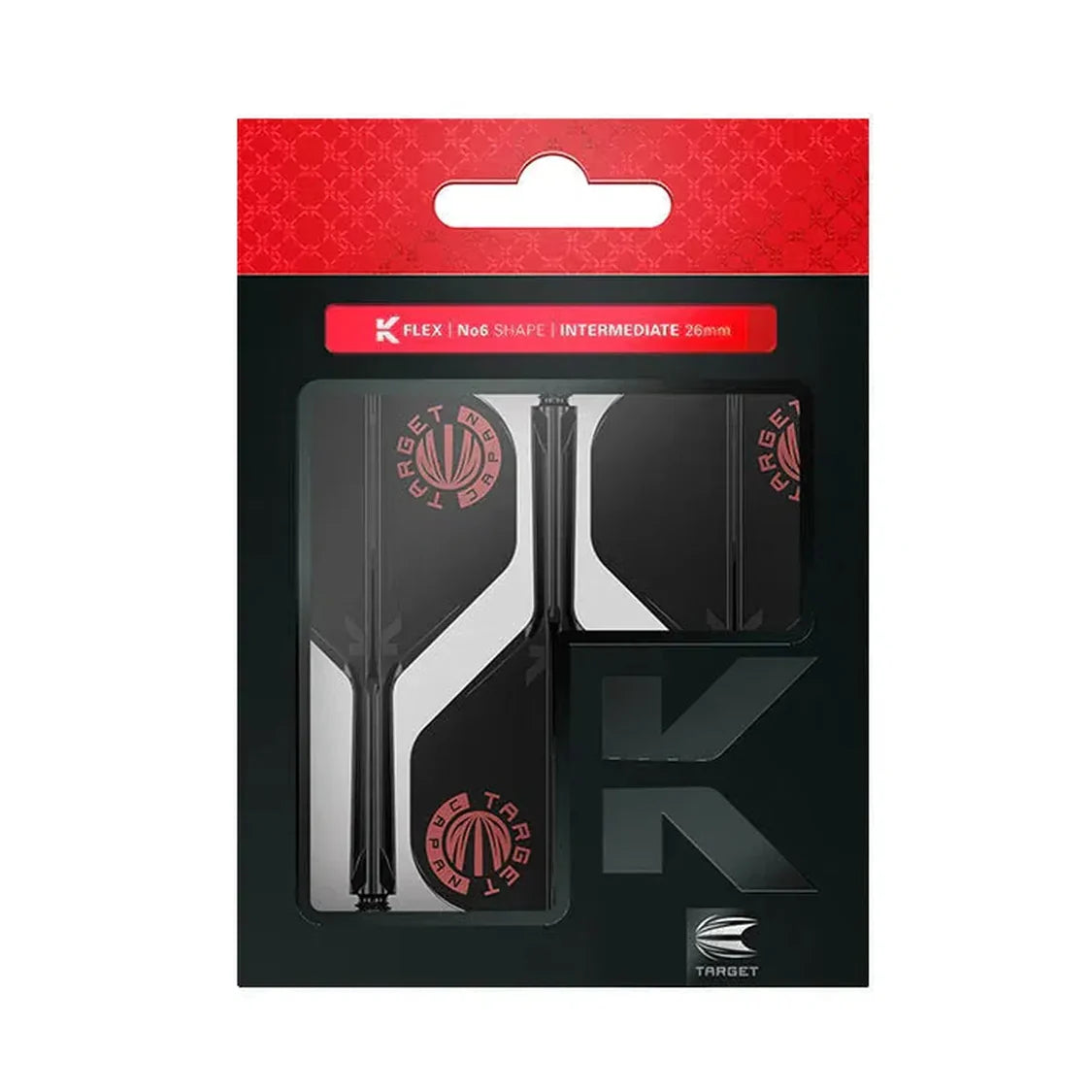 Black K-Flex No.2 dart flights and shafts in retail packaging, front view, highlighting logo design and No6 shape for dart players