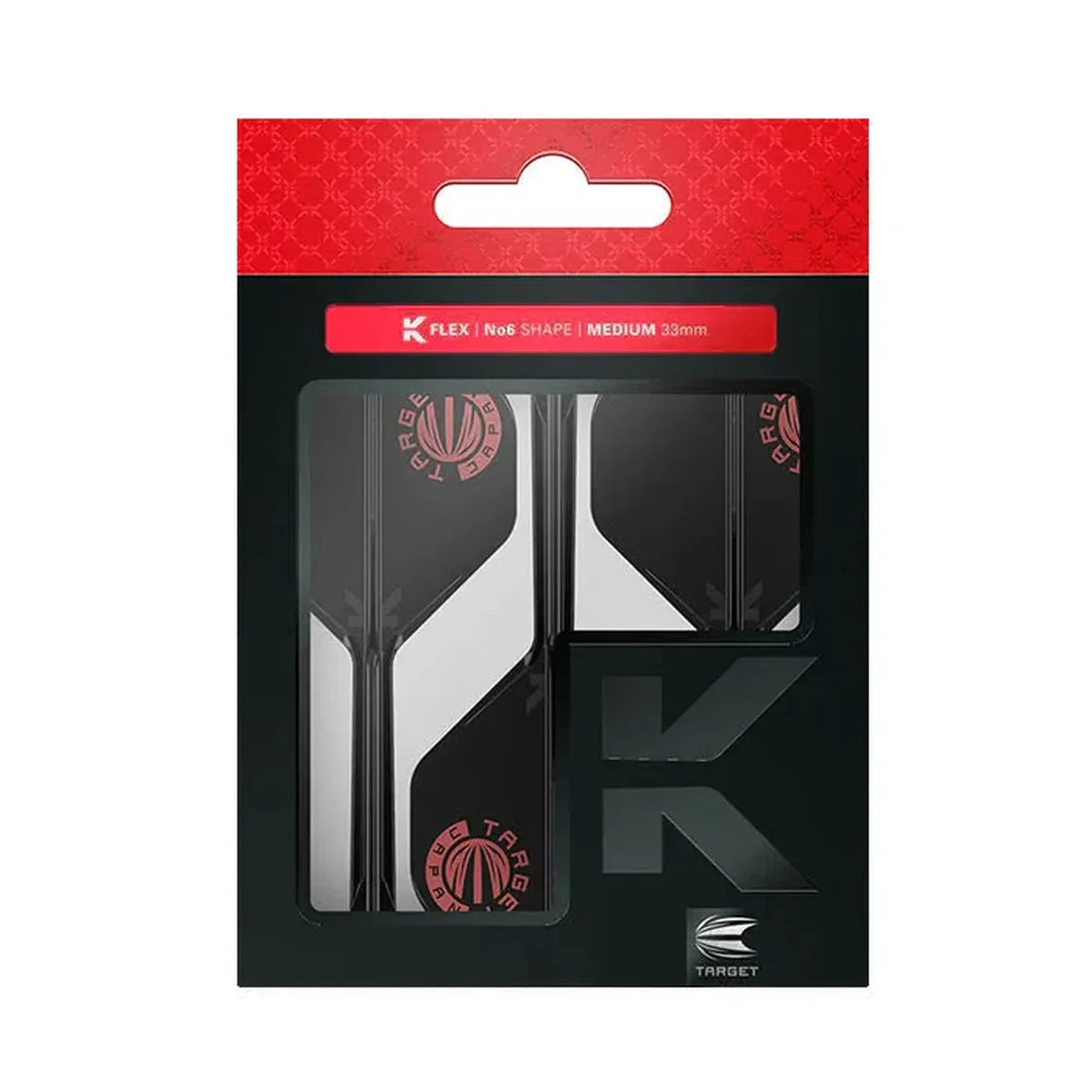 Black and white dart flights with red logo in retail package, No.6 shape, medium 33mm, full view for dart accessories buyers