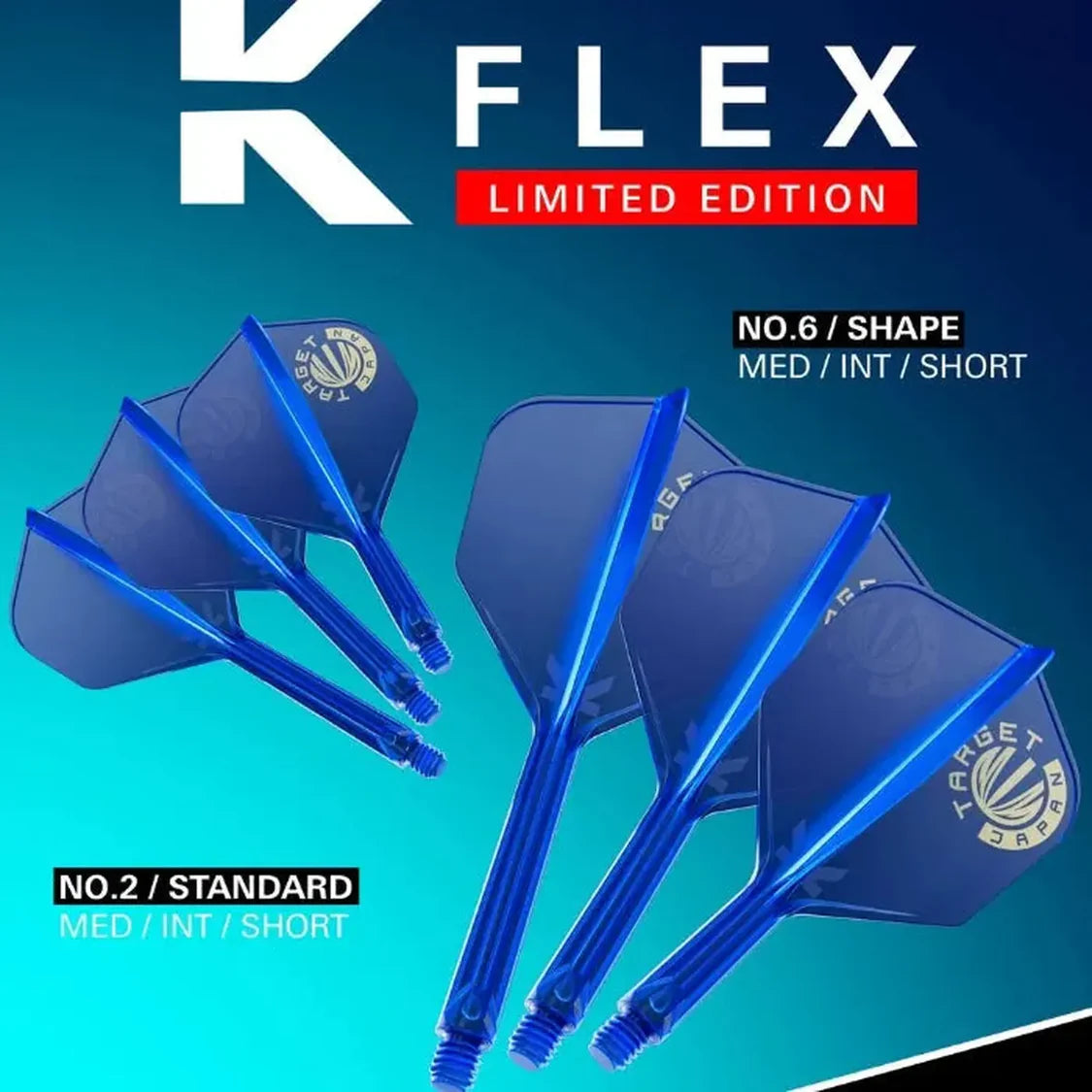 Angled view of blue integrated dart flights and shafts set, displaying No.2 and No.6 shapes with Target Japan logo, isolated on gradient background