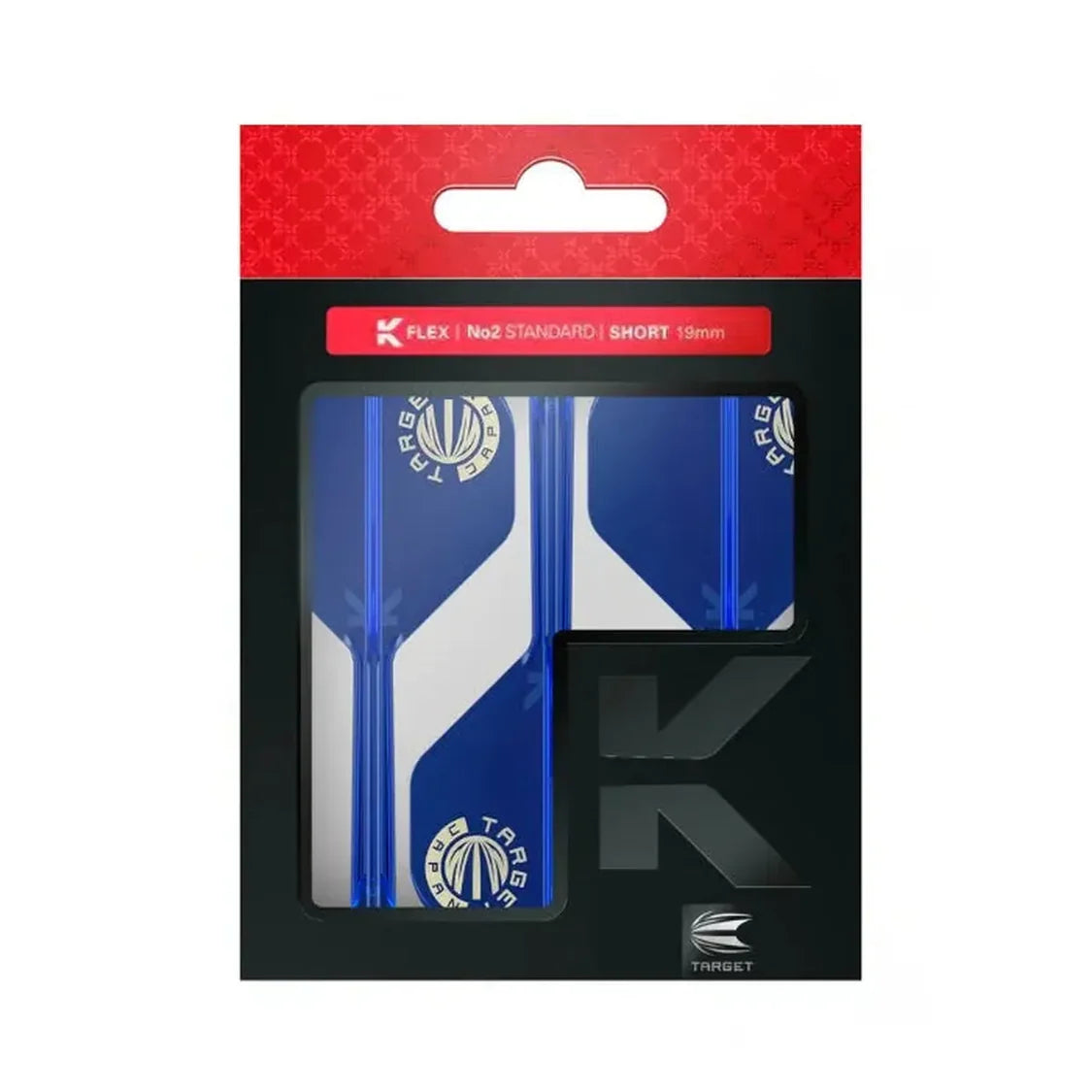 K-Flex Blue Logo No.2 dart shafts and flights set in retail packaging, full view, standard No.2 short length, clear blue and white design