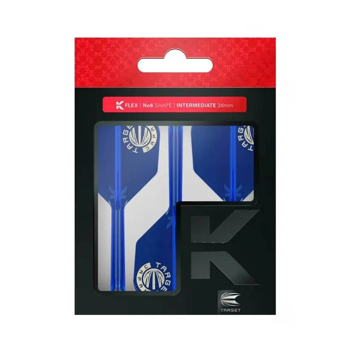 No.6 blue K-Flex dart flights and shafts combo in retail packaging, full front view highlighting flight shape and logo design