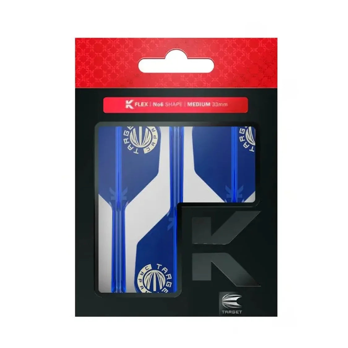 No.6 blue dart flights with integrated shafts in retail packaging, full product view, three sets, K-Flex medium 33mm shape