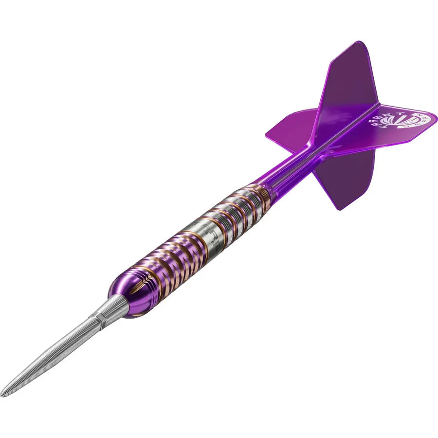 Angled view 90% tungsten dart with purple flight, detailed barrel grip, and precision steel tip on white background