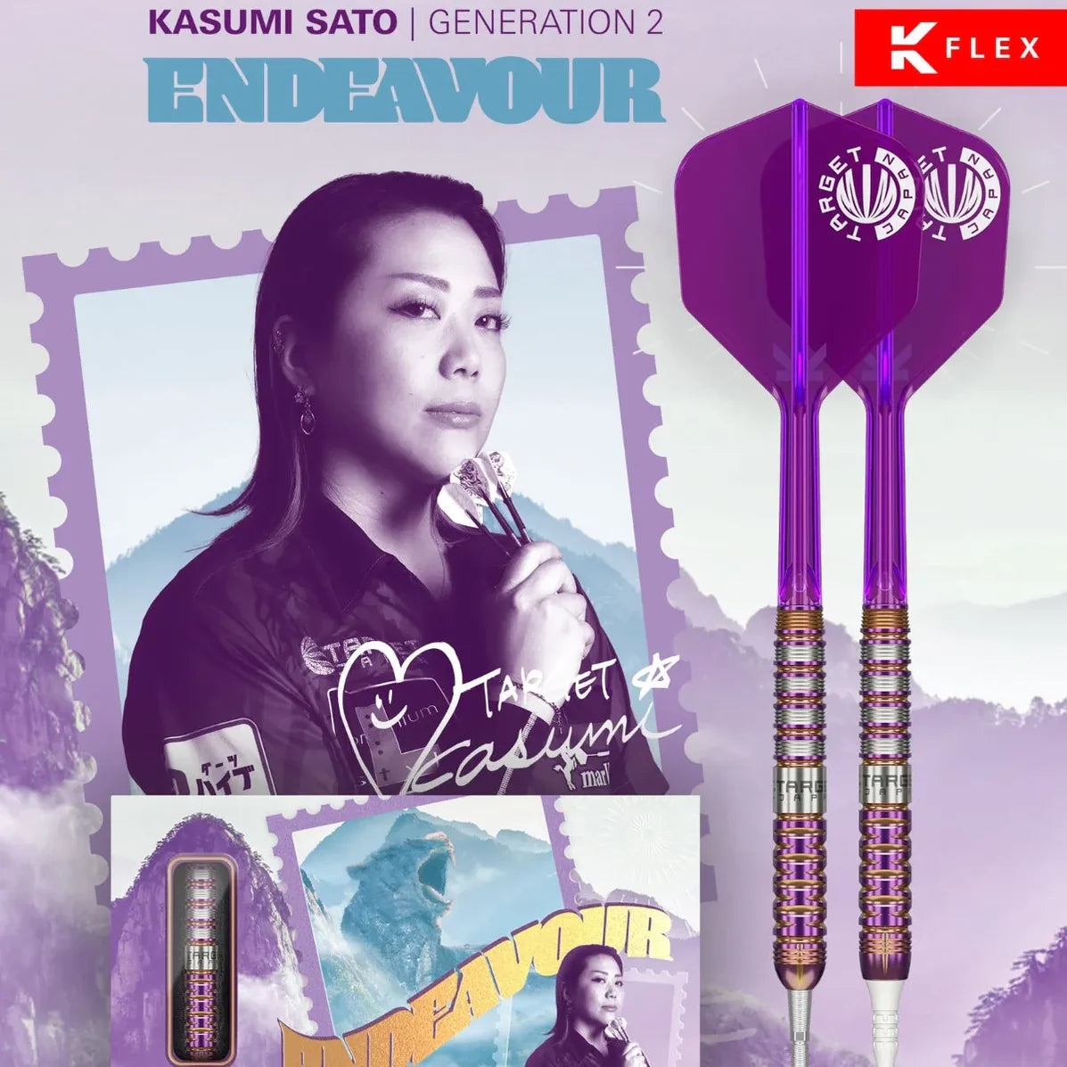 Purple Endeavour G2 darts full view with signature flights, close-up of barrel grip, lifestyle background, packaging inset, tiger-stripe details