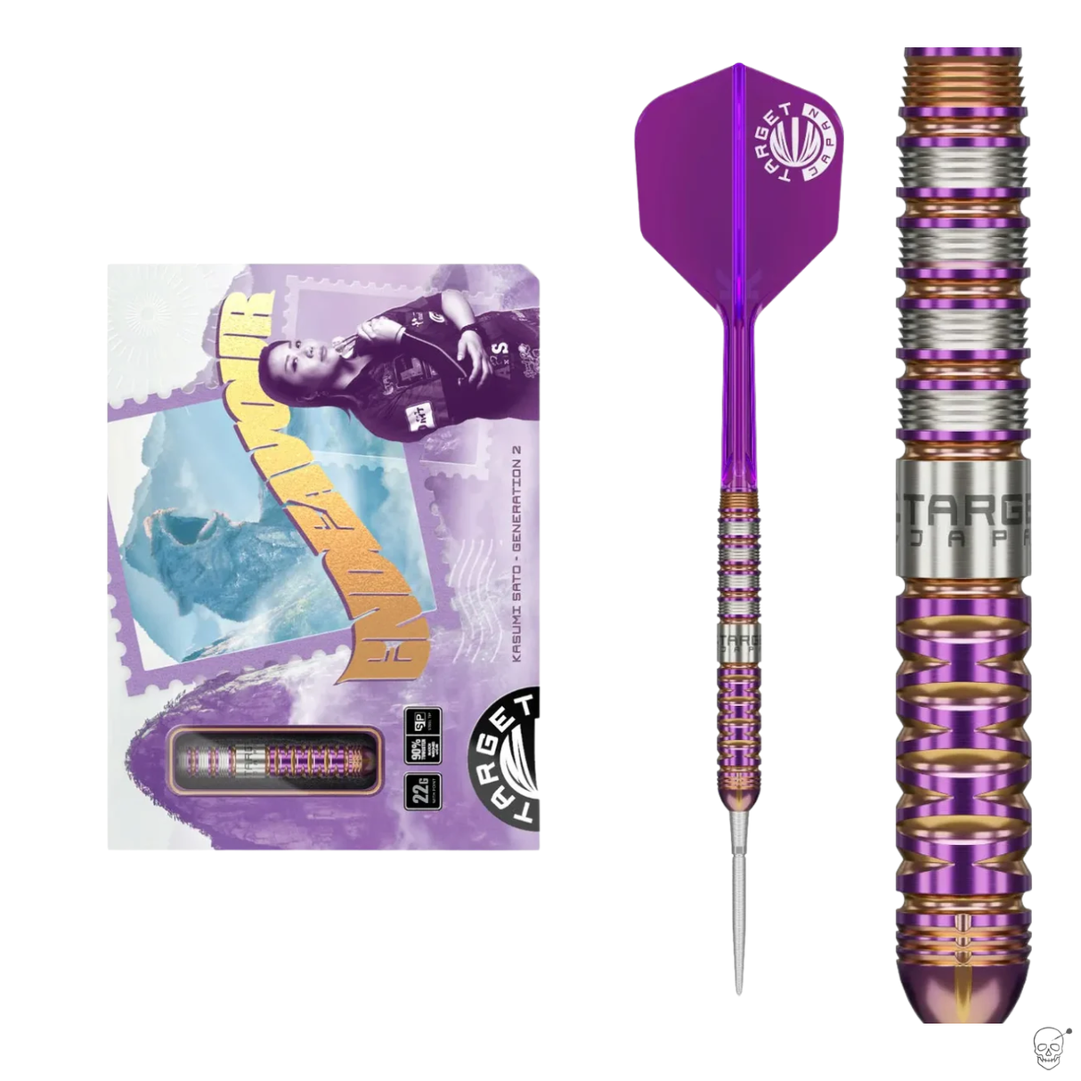 Purple and gold tungsten dart with tiger-stripe grip, full dart view, macro barrel detail, and original packaging on white background