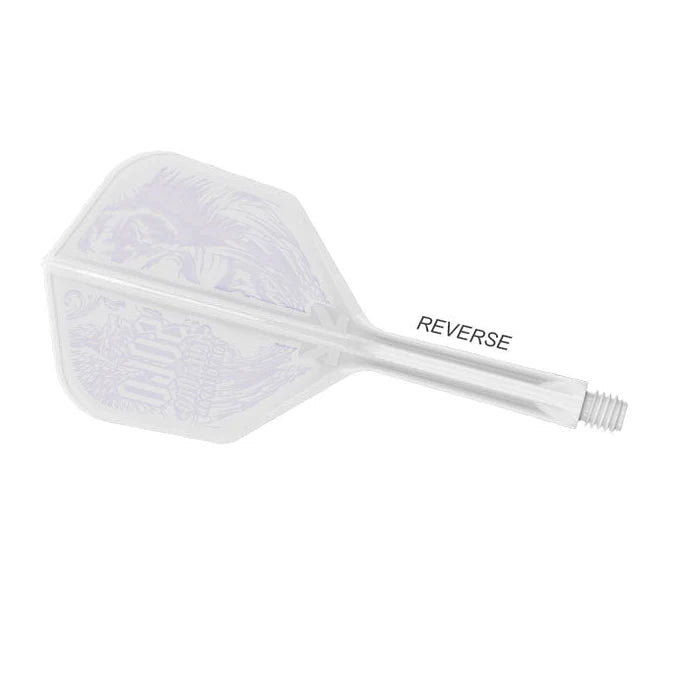 Side view of clear dart flight and shaft reverse, isolated on white background, highlighting shaft threading and printed flight design